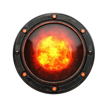 Fiery metallic portal with glowing core, science fiction element for energy, power on transparent background