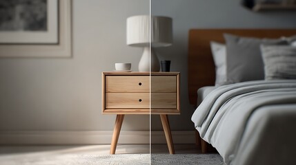 Minimalist nightstand shown left, soft bedroom in background defocused, right for branding 