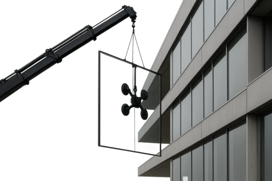 Glass panel lifted by crane for window installation on modern building, transparent background