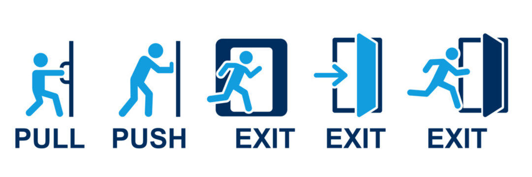 exit sign, pull or push to open sign set. exit sign for emergency escape, fire exit, exit direction, urgency exit, safety, leaving, hospital, railway, evacuation, guidance, information etc use