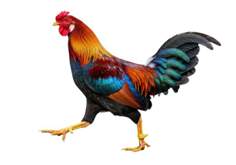 Colorful rooster walking and posing, isolated on transparent background