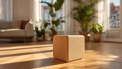 Beige cube-shaped object sits on light wood floor in sunlit living room