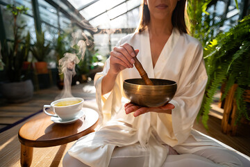 Woman in white robe plays tibetan singing bowl in sunlit greenhouse