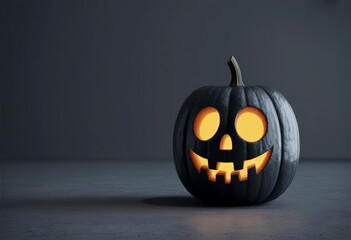 Spooky black pumpkin with glowing jack o' lantern face in dark minimalist setting
