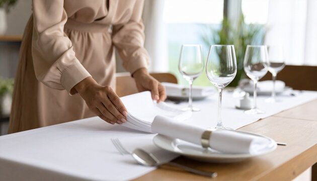 A woman in an elegant beige dress carefully sets a formal dining table with white plates, wine glasses, and napkins for a special occasion.