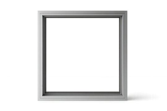 Square silver window frame for installation, transparent background, window installation