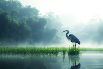 Fototapeta premium A majestic great blue heron stands serenely in a misty morning rice paddy, reflecting in the calm water.