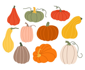Set of simple multi-colored pumpkins. Autumn harvest. Perfect for fall, harvest or Thanksgiving designs. Hello autumn.