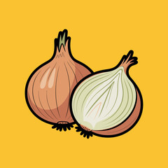 Illustration of a whole onion and a halved onion on a yellow background