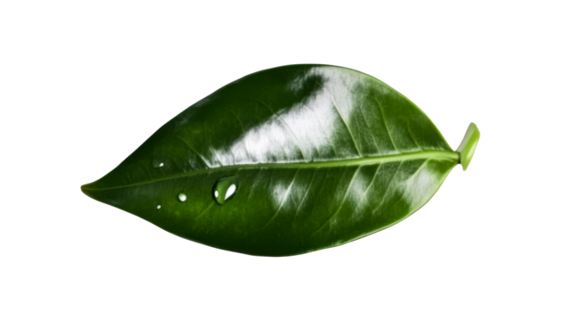 Leaf with water droplet displayed on transparent background for design
