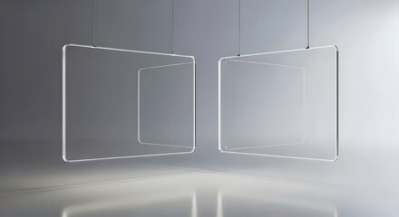 Two large floating rectangular digital screens, computer monitors, with content areas, hovering in a surreal, minimal virtual space.. control room, holographic, modern, wireframe, reflection, floating