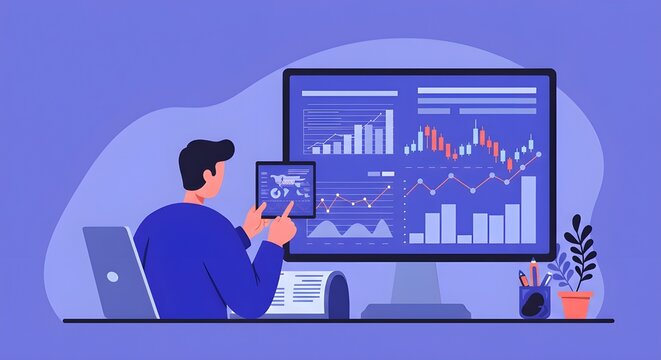 Flat design illustration of a man with monitor  - Powered by Adobe