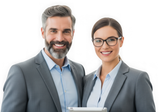 Two smiling business people in a modern office environment working together as a successful team isolated on transparent background
