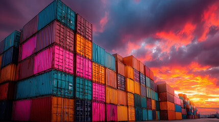 Fototapeta premium Vibrant Cargo Containers Against a Dramatic Sunset Sky with Colorful Reflections