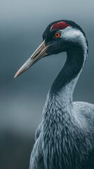Fototapeta premium Close-up of a crane with detailed plumage and focused eye, neutral soft bokeh, soft ambient light, depth of field