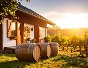 Obraz premium Sunset vineyard home with barrels