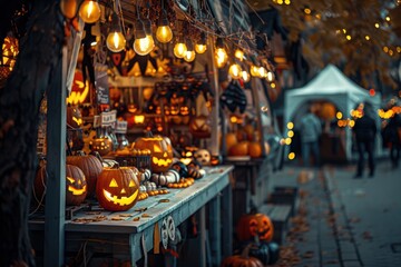 Obraz premium Festive halloween market stall adorned with glowing jackolantern pumpkins and warm string lights creates spooky autumn night atmosphere for celebration