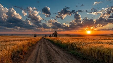 Golden sunset over a rural road through a field