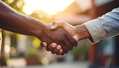 Two people of different ethnicities shake hands, signifying unity and collaboration