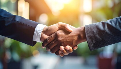 Two people of different ethnicities shake hands, signifying unity and collaboration