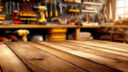 Rustic Wooden Workbench in a Well-Organized Workshop with Tools and Equipment in Background