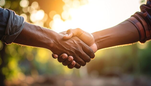 Two people of different ethnicities shake hands, signifying unity and collaboration