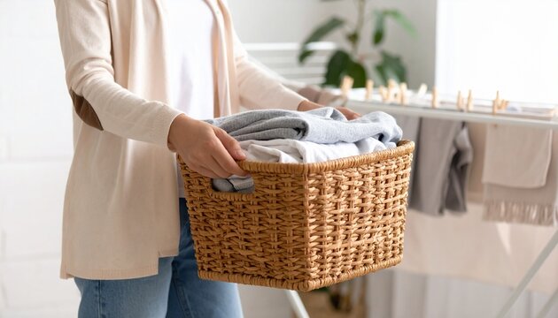 A woman holds a wicker basket filled with clean, folded laundry in a bright room with a drying rack.