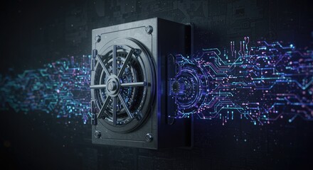 Powerful computer server with glowing blue and purple digital data streams flowing.