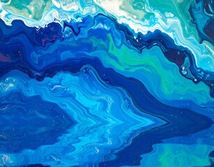 Abstract fluid art in a swirling mix of blues, greens, and white