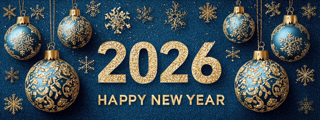 Elegant Blue and Gold New Year 2026 Celebration Background with Festive Ornaments and Snowflakes
