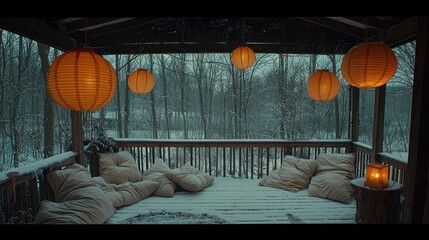 Cozy winter porch scene under snow