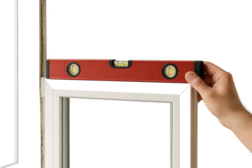 Hand checking level of window frame during installation, transparent background, window installation