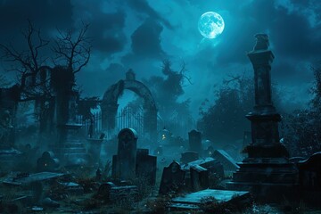 Mysterious moonlit graveyard cemetery scene at dark night with spooky ancient gravestones twisted bare trees and eerie archway for halloween concepts