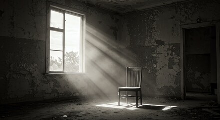 Abandoned room with chair and sunlight streaming through window
