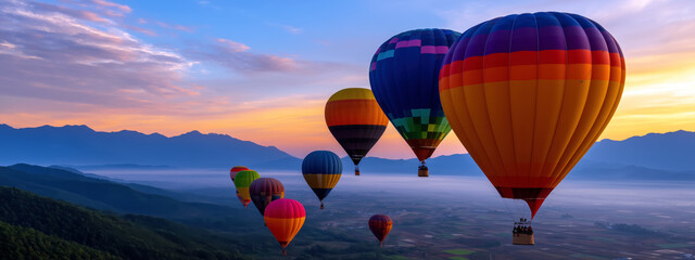 Obraz premium Colorful Hot Air Balloons Floating Above Scenic Landscape at Sunrise Sky
