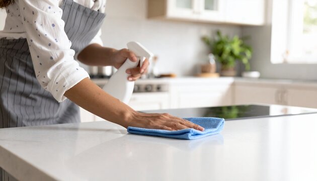 Woman in an apron cleaning a modern white kitchen countertop with a spray bottle and a blue microfiber cloth.