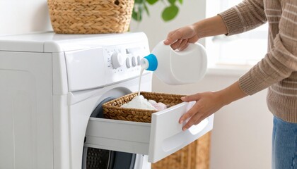A person pours liquid laundry detergent from a white bottle into the open dispenser drawer of a washing machine.