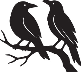 Naklejka premium Silhouetted Pair of Ravens Perched on a Branch Symbolizing Omens, Mystery and Intelligence in Gothic Dark Art