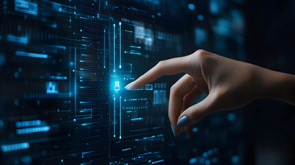 A finger touching a glowing blue icon on a futuristic interface with digital data streams around it