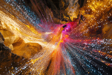 Illuminated cave interior with vibrant, multicolored fiber optic strands creating a mesmerizing, ethereal light display.