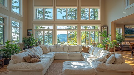 Fototapeta premium Spacious, sunlit great room with expansive windows showcasing a scenic view