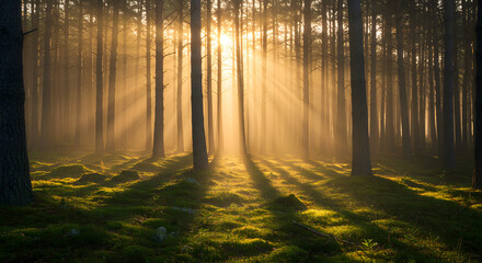 Obraz premium Sun rays forest trees sunlight nature landscape woodland scenery green woods light morning 100