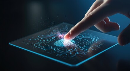 Fingerprint scanning on a futuristic digital interface for biometric security identification.