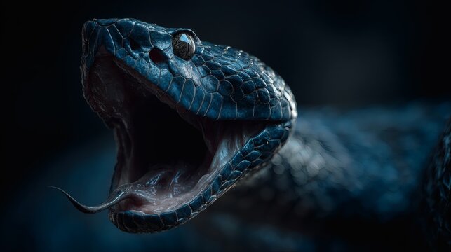 Close up of a dark blue viper snake with its mouth open and tongue flicking