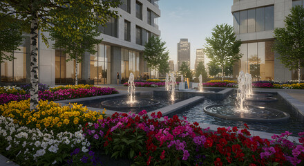 Obraz premium Urban landscape design fountain water feature architecture building flowers garden city park outdoor space