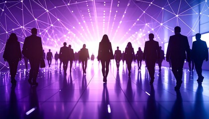 "Group of formally dressed people walking toward bright light under a digital network of interconnected lines and nodes, illuminated in purple and blue tones"