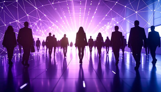"Group of formally dressed people walking toward bright light under a digital network of interconnected lines and nodes, illuminated in purple and blue tones"