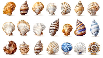 Assorted seashells are digitally illustrated in a colorful, whimsical cartoon vector style on white.