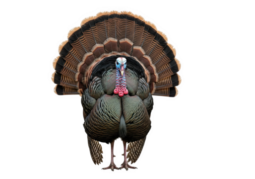 Male turkey displaying its fanned tail feathers and body, isolated on transparent background