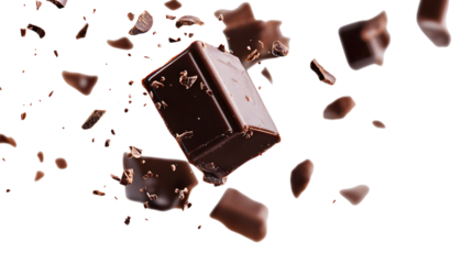 A chocolate bar is being broken into pieces, creating a mess